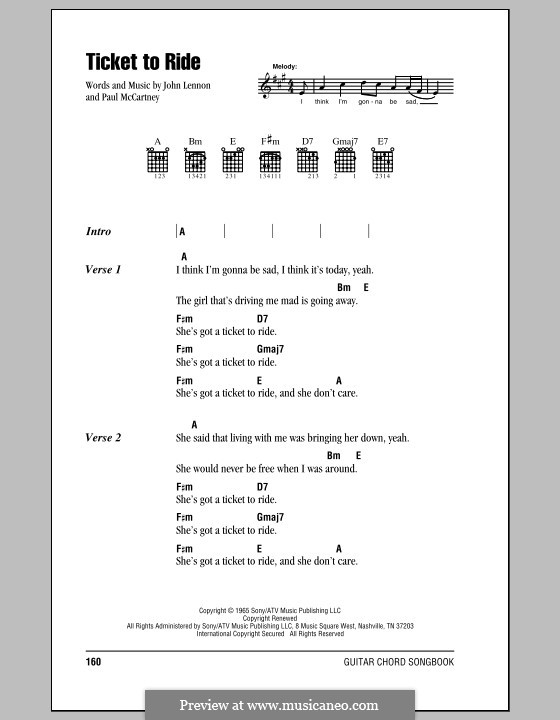 Ticket to Ride (The Beatles): Lyrics and chords (with chord boxes) by John Lennon, Paul McCartney