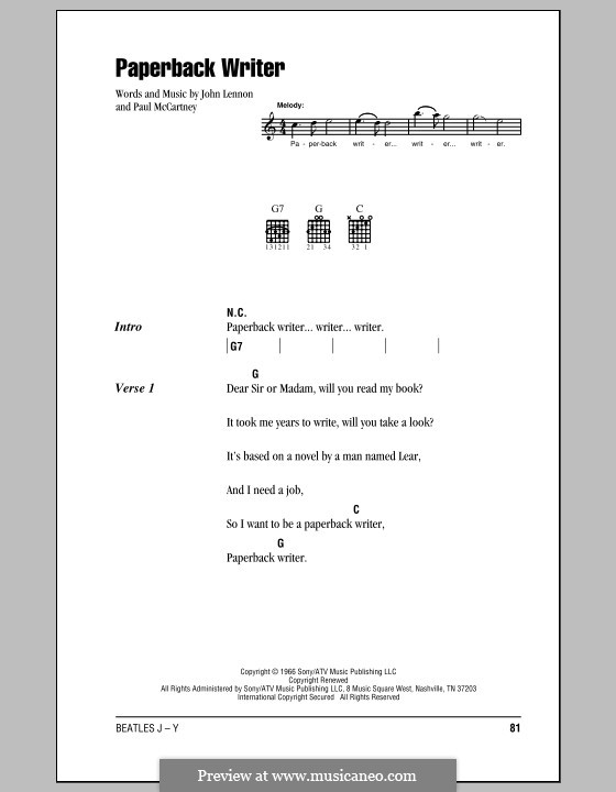 Paperback Writer (The Beatles): Lyrics and chords (with chord boxes) by John Lennon, Paul McCartney