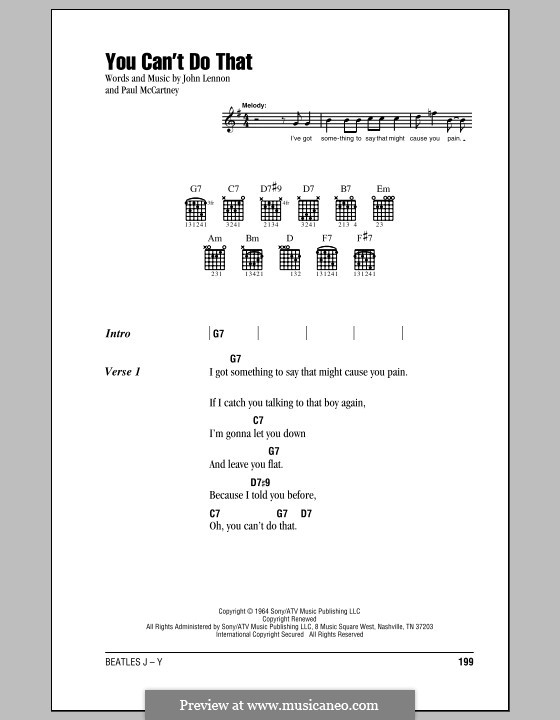 You Can't Do That (The Beatles): Lyrics and chords (with chord boxes) by John Lennon, Paul McCartney
