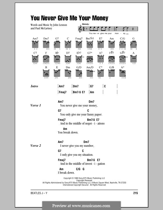 You Never Give Me Your Money (The Beatles): Lyrics and chords (with chord boxes) by John Lennon, Paul McCartney