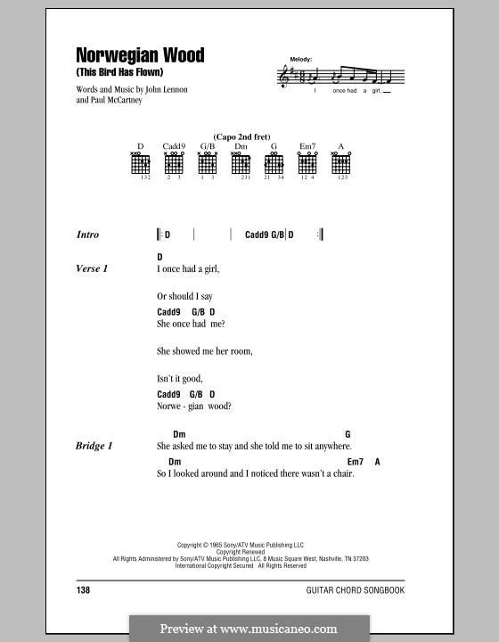 Norwegian Wood (This Bird Has Flown): Lyrics and chords (with chord boxes) by John Lennon, Paul McCartney