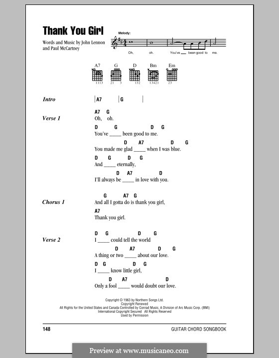 Thank You Girl (The Beatles): Lyrics and chords (with chord boxes) by John Lennon, Paul McCartney