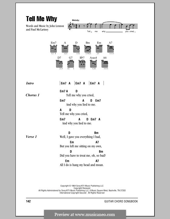 Tell Me Why (The Beatles): Lyrics and chords (with chord boxes) by John Lennon, Paul McCartney