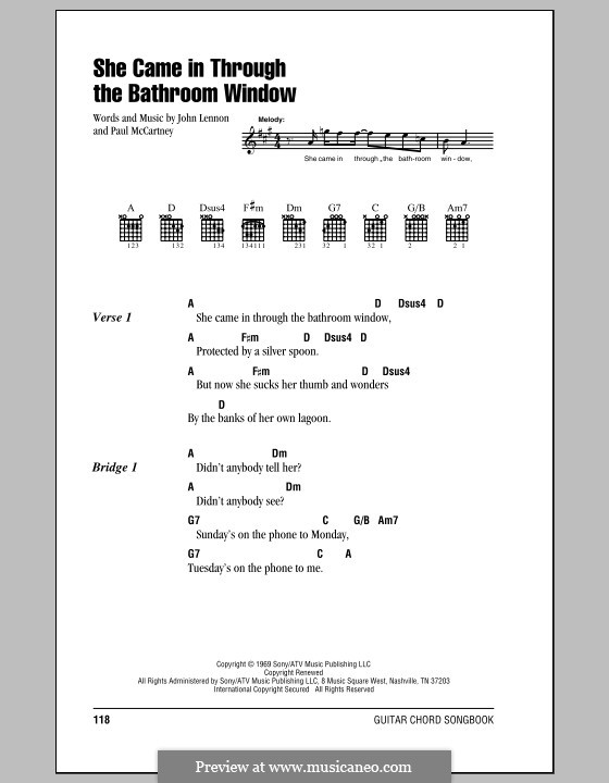 She Came in Through the Bathroom Window (The Beatles): Lyrics and chords (with chord boxes) by John Lennon, Paul McCartney