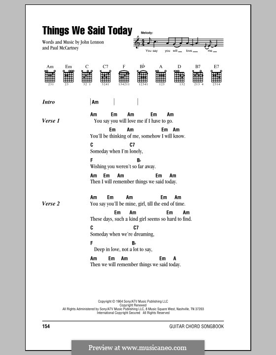 Things We Said Today (The Beatles): Lyrics and chords (with chord boxes) by John Lennon, Paul McCartney