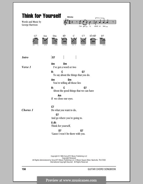 Think for Yourself (The Beatles): Lyrics and chords (with chord boxes) by George Harrison