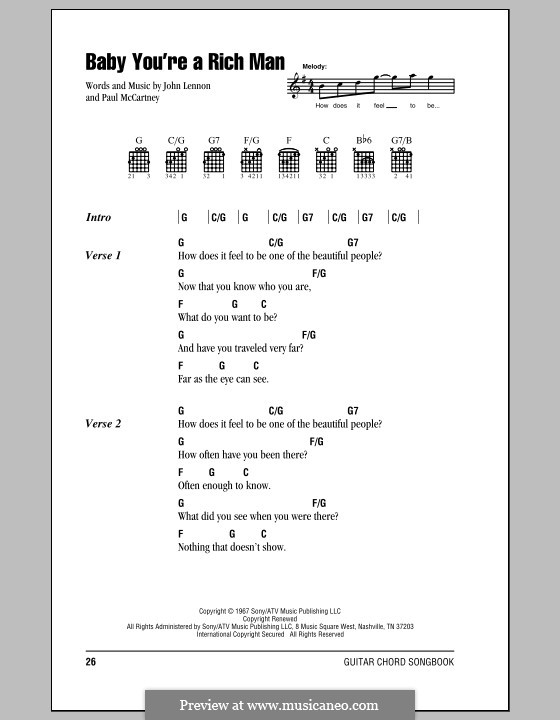 Baby You're a Rich Man (The Beatles): Lyrics and chords (with chord boxes) by John Lennon, Paul McCartney