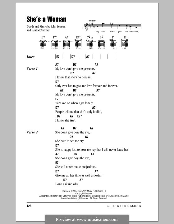 She's a Woman (The Beatles): Lyrics and chords (with chord boxes) by John Lennon, Paul McCartney