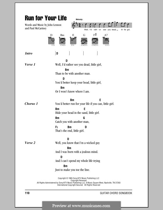 Run for Your Life (The Beatles): Lyrics and chords (with chord boxes) by John Lennon, Paul McCartney