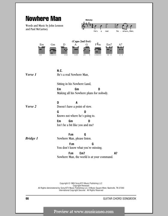 Nowhere Man (The Beatles): Lyrics and chords (with chord boxes) by John Lennon, Paul McCartney