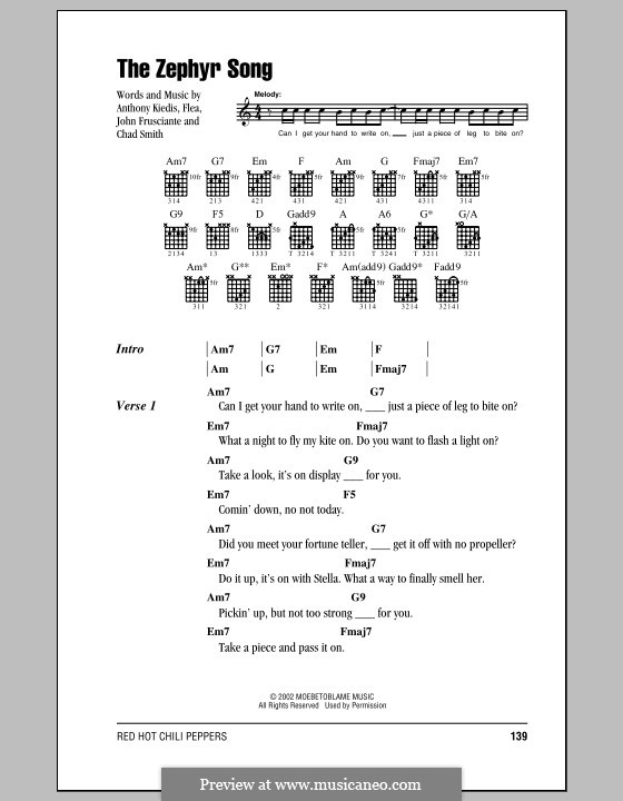 The Zephyr Song (Red Hot Chili Peppers): Lyrics and chords (with chord boxes) by Flea, Anthony Kiedis, Chad Smith, John Frusciante