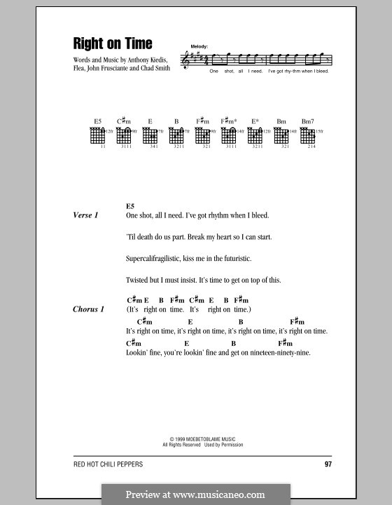 Right on Time (Red Hot Chili Peppers): Lyrics and chords (with chord boxes) by Flea, Anthony Kiedis, Chad Smith, John Frusciante