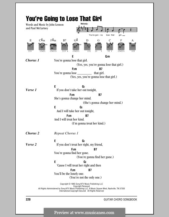 You're Going to Lose That Girl (The Beatles): Lyrics and chords (with chord boxes) by John Lennon, Paul McCartney