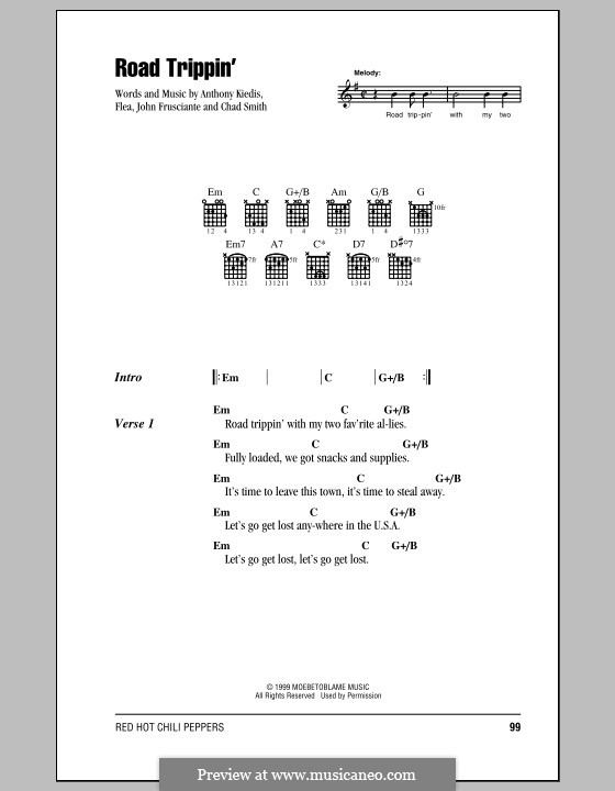 Road Trippin' (Red Hot Chili Peppers): Lyrics and chords (with chord boxes) by Flea, Anthony Kiedis, Chad Smith, John Frusciante