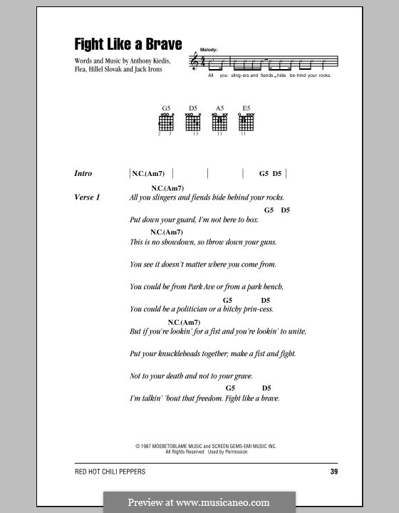 Fight Like a Brave (Red Hot Chili Peppers): Lyrics and chords (with chord boxes) by Flea, Anthony Kiedis, Hillel Slovak, Jack Irons