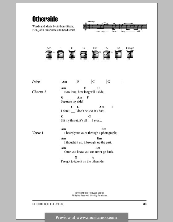 Otherside (Red Hot Chili Peppers): Lyrics and chords (with chord boxes) by Flea, Anthony Kiedis, Chad Smith, John Frusciante