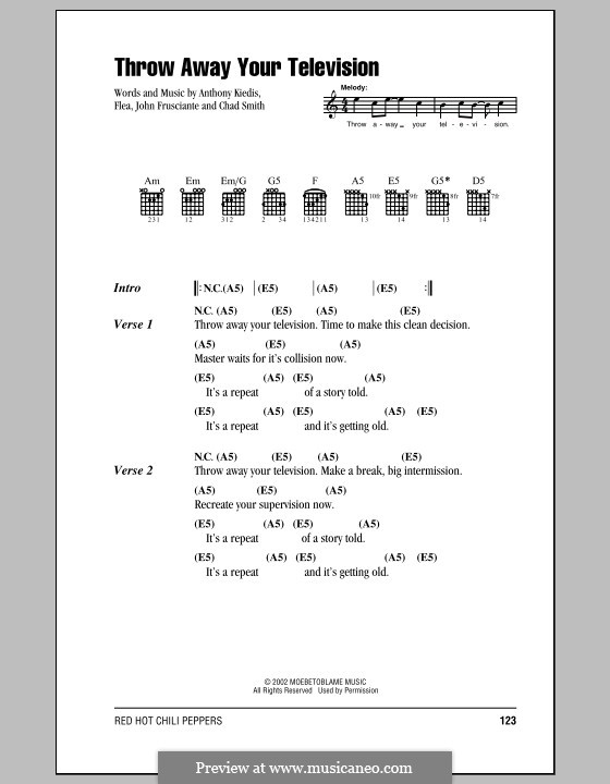 Throw Away Your Television (Red Hot Chili Peppers): Lyrics and chords (with chord boxes) by Flea, Anthony Kiedis, Chad Smith, John Frusciante