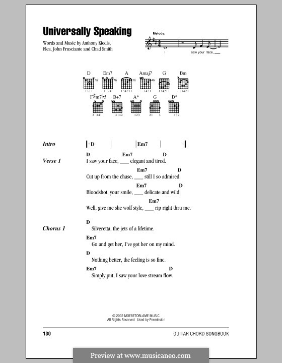 Universally Speaking (Red Hot Chili Peppers): Lyrics and chords (with chord boxes) by Flea, Anthony Kiedis, Chad Smith, John Frusciante