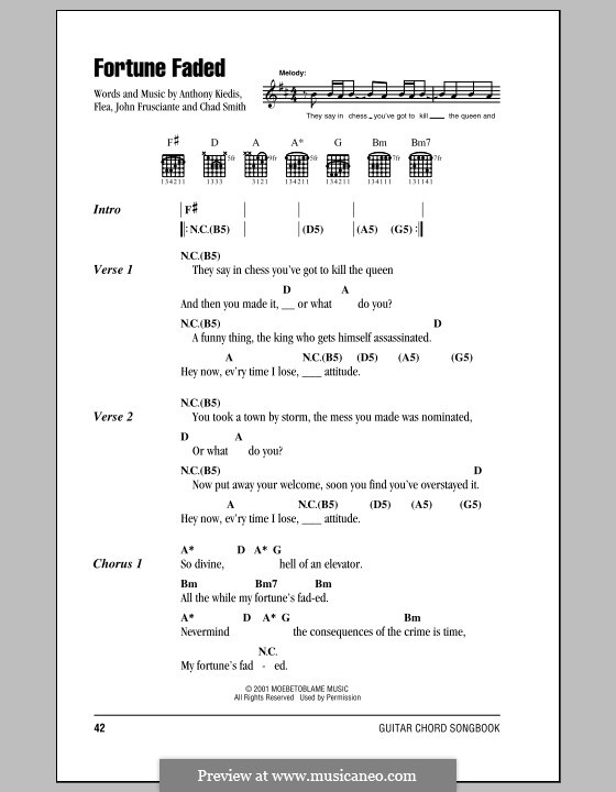 Fortune Faded (Red Hot Chili Peppers): Lyrics and chords (with chord boxes) by Flea, Anthony Kiedis, Chad Smith, John Frusciante