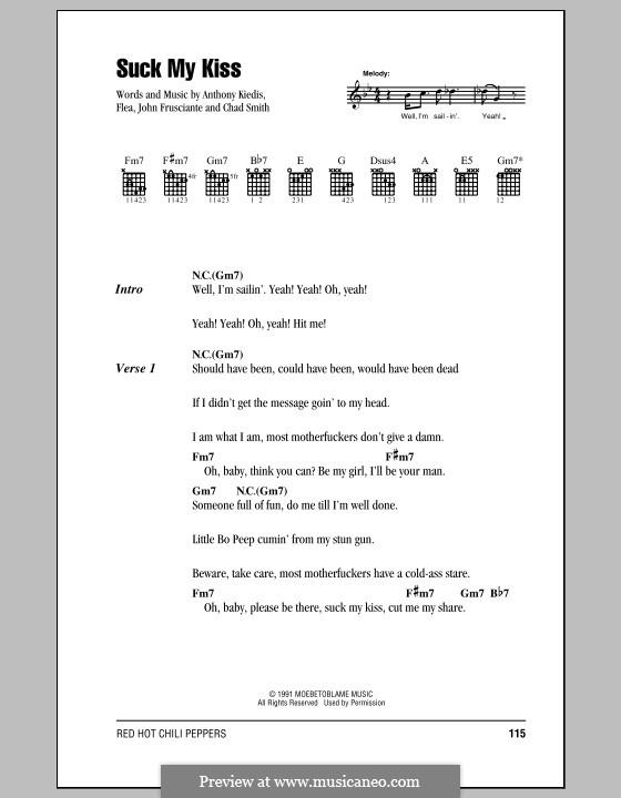 Suck My Kiss (Red Hot Chili Peppers): Lyrics and chords (with chord boxes) by Flea, Anthony Kiedis, Chad Smith, John Frusciante