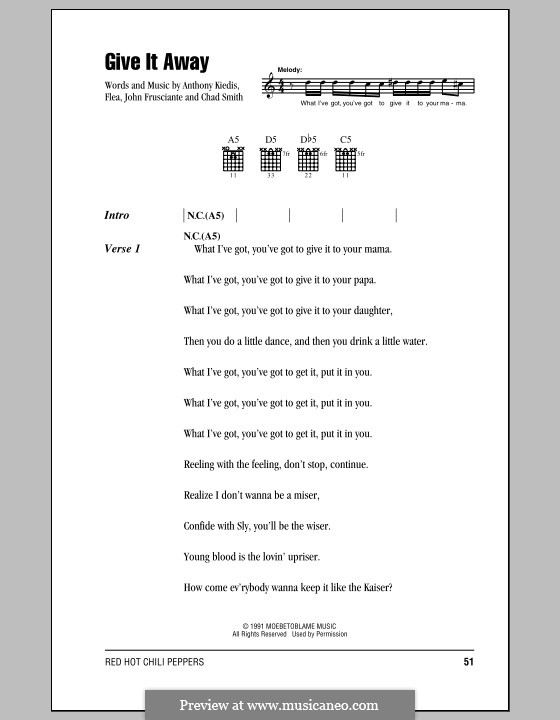 Give It Away (Red Hot Chili Peppers): Lyrics and chords (with chord boxes) by Flea, Anthony Kiedis, Chad Smith, John Frusciante