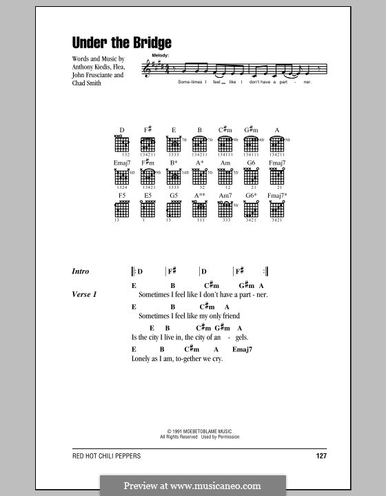 Under the Bridge (Red Hot Chili Peppers): Lyrics and chords with chord boxes by Flea, Anthony Kiedis, Chad Smith, John Frusciante