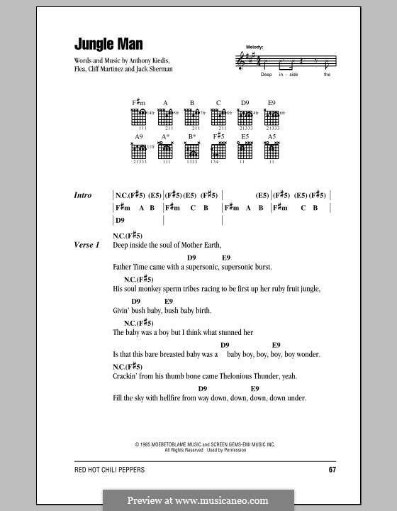 Jungle Man (Red Hot Chili Peppers): Lyrics and chords (with chord boxes) by Flea, Anthony Kiedis, Cliff Martinez, Jack Sherman