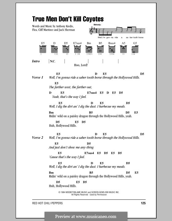 True Men Don't Kill Coyotes (Red Hot Chili Peppers): Lyrics and chords (with chord boxes) by Flea, Anthony Kiedis, Cliff Martinez, Jack Sherman