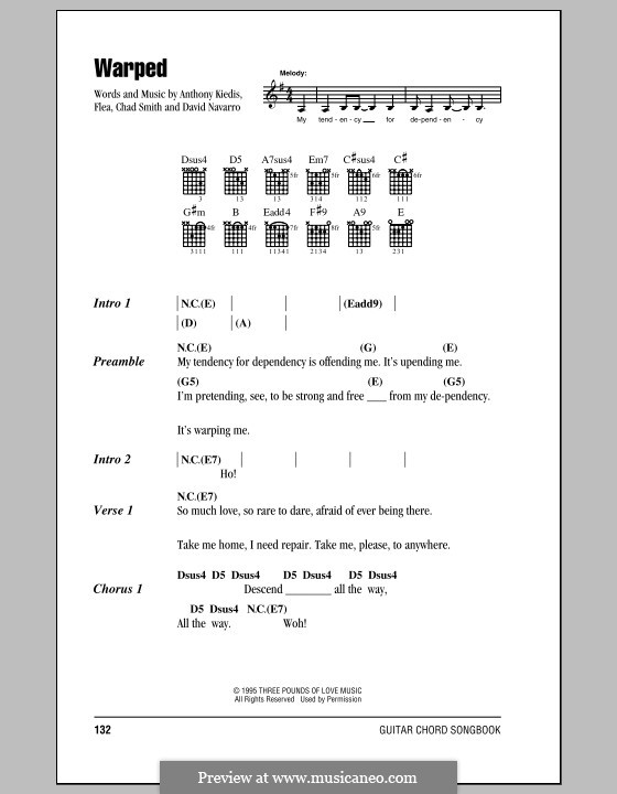 Warped (Red Hot Chili Peppers): Lyrics and chords (with chord boxes) by Flea, Anthony Kiedis, Chad Smith, Dave Navarro