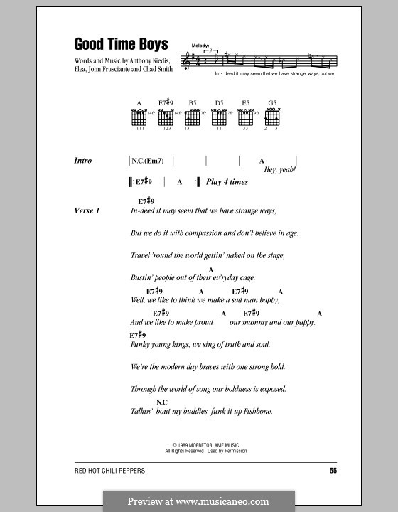 Good Time Boys (Red Hot Chili Peppers): Lyrics and chords (with chord boxes) by Flea, Anthony Kiedis, Chad Smith, John Frusciante