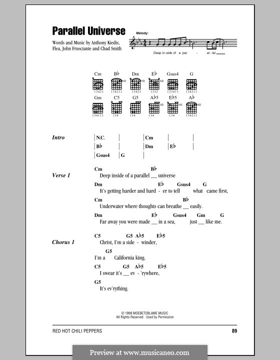 Parallel Universe (Red Hot Chili Peppers): Lyrics and chords (with chord boxes) by Flea, Anthony Kiedis, Chad Smith, John Frusciante