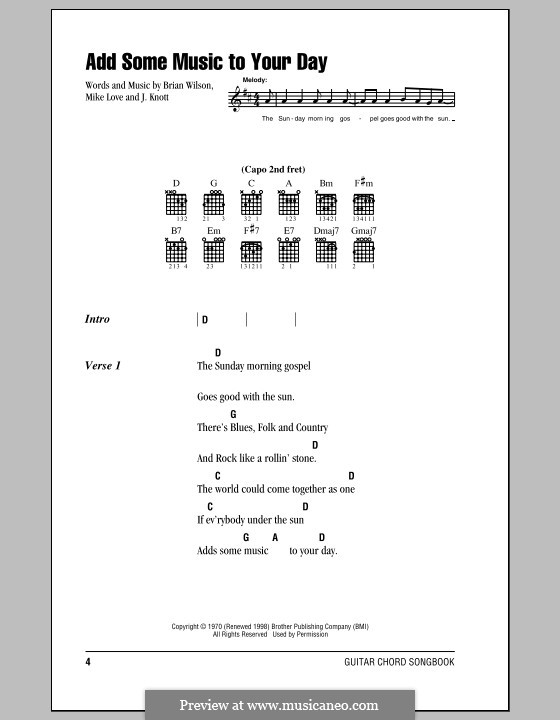 Add Some Music to Your Day (The Beach Boys): Lyrics and chords (with chord boxes) by Brian Wilson, Joe Knott, Mike Love