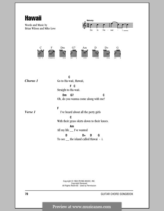 Hawaii (The Beach Boys): Lyrics and chords (with chord boxes) by Brian Wilson, Mike Love