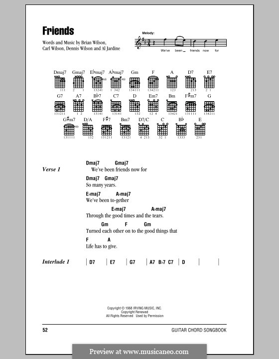 Friends (The Beach Boys): Lyrics and chords (with chord boxes) by Al Jardine, Brian Wilson, Carl Wilson, Dennis Wilson