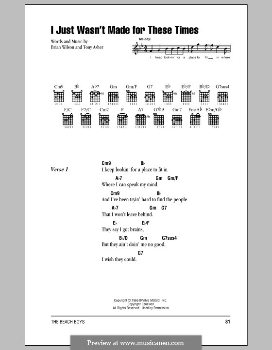 I Just Wasn't Made for These Times (The Beach Boys): Lyrics and chords (with chord boxes) by Brian Wilson, Tony Asher