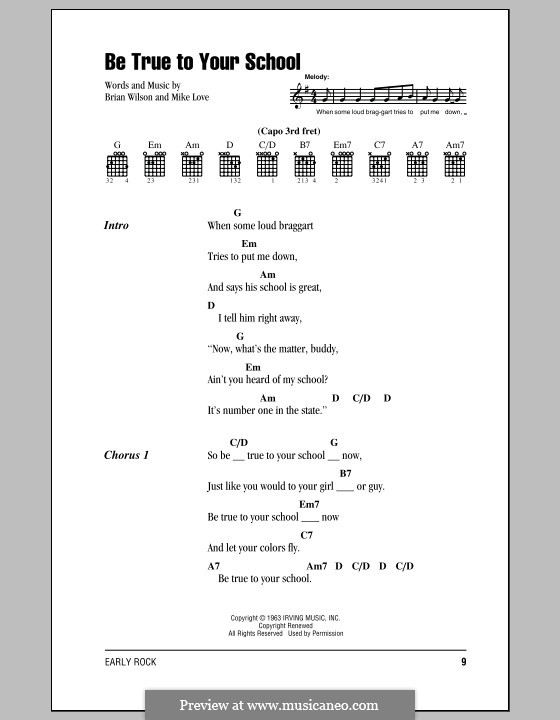 Be True to Your School (The Beach Boys): Lyrics and chords (with chord boxes) by Brian Wilson, Mike Love