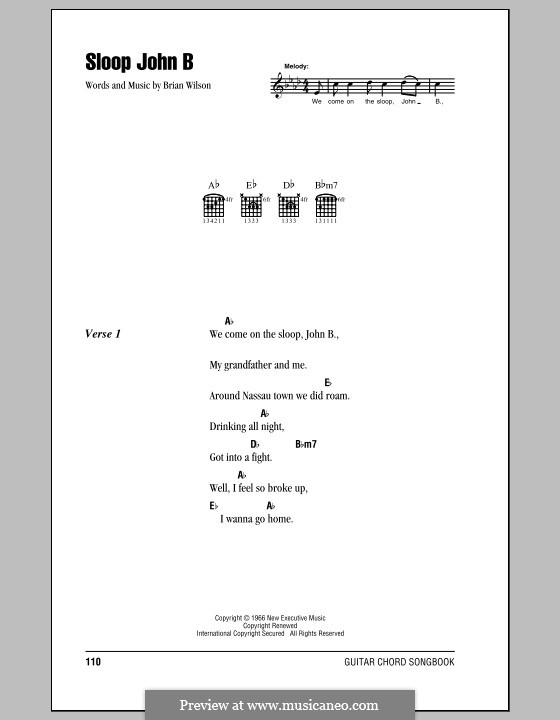 Sloop John B: Lyrics and chords (with chord boxes) by Brian Wilson