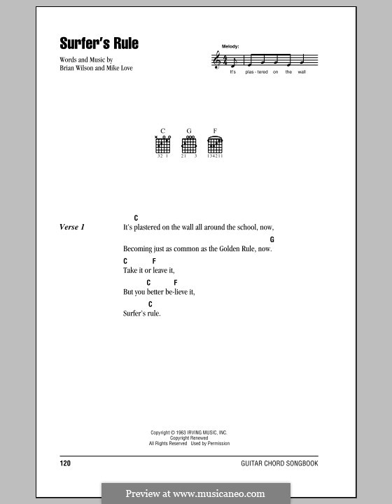 Surfer's Rule (The Beach Boys): Lyrics and chords (with chord boxes) by Brian Wilson, Mike Love