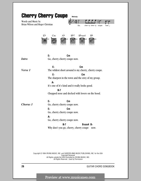 Cherry Cherry Coupe (The Beach Boys): Lyrics and chords (with chord boxes) by Brian Wilson, Roger Christian