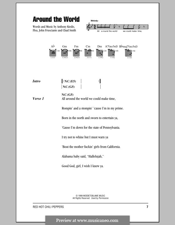 Around the World (Red Hot Chili Peppers): Lyrics and chords (with chord boxes) by Flea, Anthony Kiedis, Chad Smith, John Frusciante