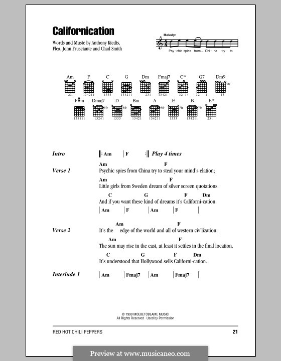 Californication (Red Hot Chili Peppers): Lyrics and chords (with chord boxes) by Flea, Anthony Kiedis, Chad Smith, John Frusciante