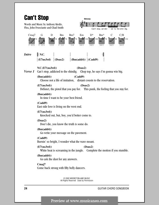 Can't Stop (Red Hot Chili Peppers): Lyrics and chords (with chord boxes) by Flea, Anthony Kiedis, Chad Smith, John Frusciante