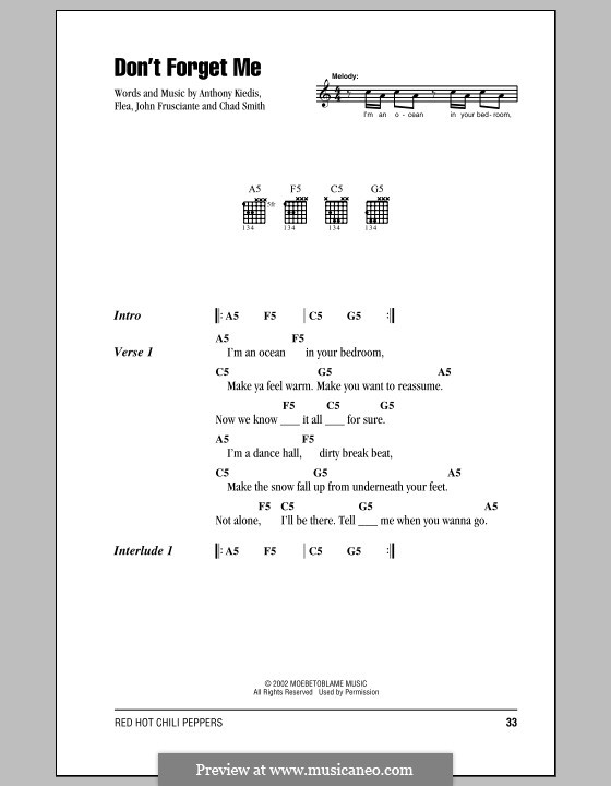 Don't Forget Me (Red Hot Chili Peppers): Lyrics and chords (with chord boxes) by Flea, Anthony Kiedis, Chad Smith, John Frusciante