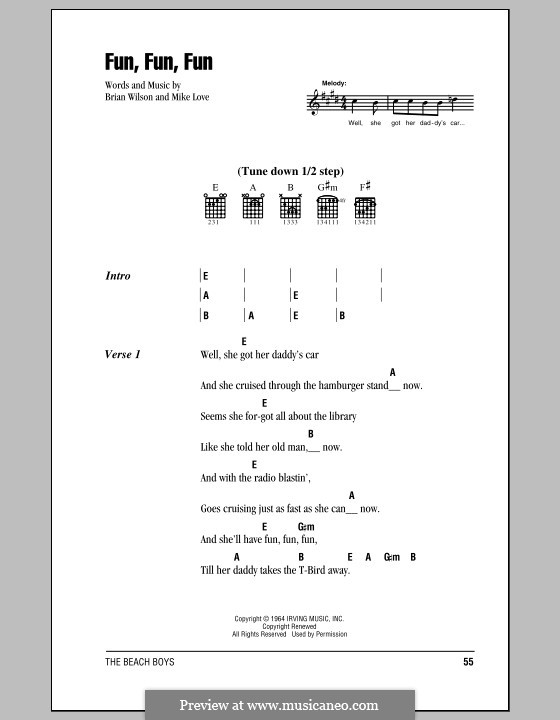 Fun, Fun, Fun (The Beach Boys): Lyrics and chords (with chord boxes) by Brian Wilson, Mike Love