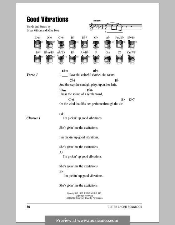 Good Vibrations (The Beach Boys): Lyrics and chords (with chord boxes) by Brian Wilson, Mike Love