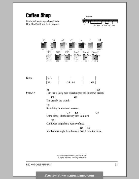 Coffee Shop (Red Hot Chili Peppers): Lyrics and chords (with chord boxes) by Flea, Anthony Kiedis, Chad Smith, Dave Navarro