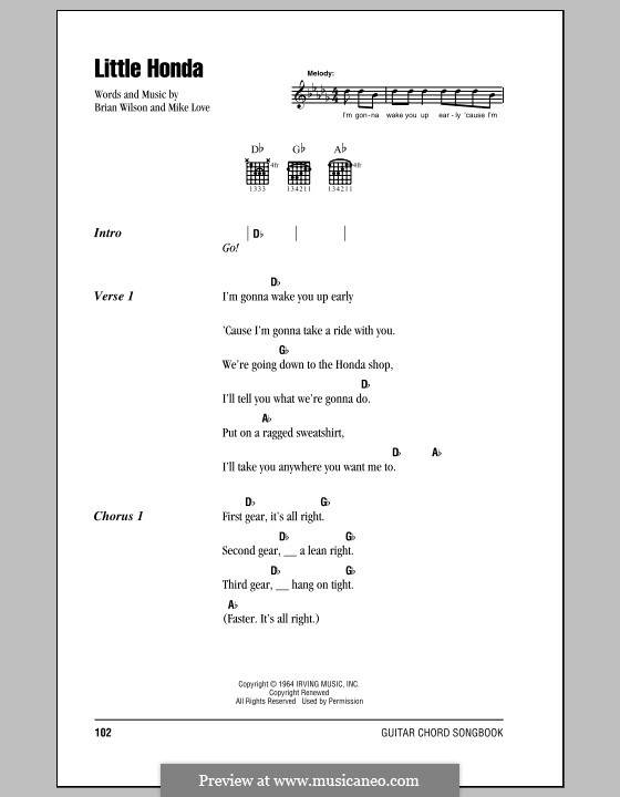 Little Honda (The Beach Boys): Lyrics and chords (with chord boxes) by Brian Wilson, Mike Love