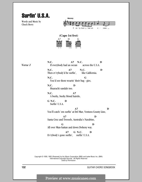 Surfin' U.S.A. (The Beach Boys): Lyrics and chords (with chord boxes) by Chuck Berry