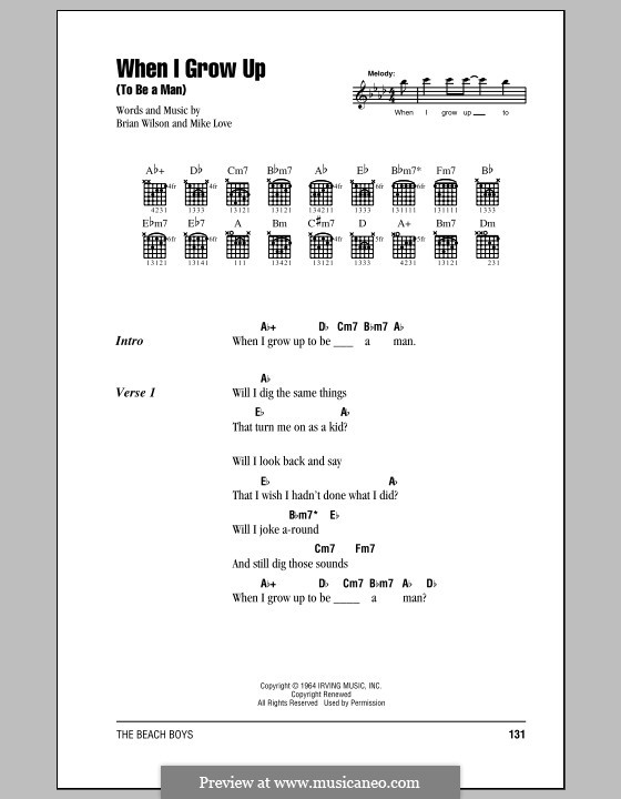 When I Grow Up (To Be a Man): Lyrics and chords with chord boxes (The Beach Boys) by Brian Wilson, Mike Love