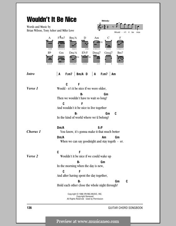 Wouldn't It Be Nice (The Beach Boys): Lyrics and chords (with chord boxes) by Brian Wilson, Mike Love, Tony Asher